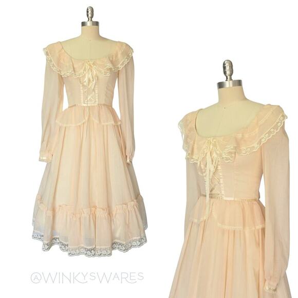 Gunne Sax Dresses & Skirts - Gunne Sax Peplum Midi Dress Size S 7 9 Pink Corset Vintage 70s Prairie Bridal